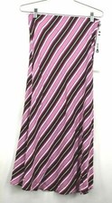 Leith Womens Bias Cut Midi Skirt Purple Pink Lined Savvy Career Stripe Career