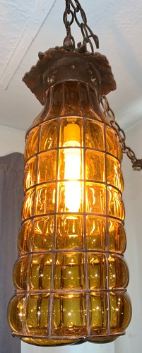 Mid Century Swag Lamp Caged Blown Amber Glass w Metal Frame Mexico Ex Condition