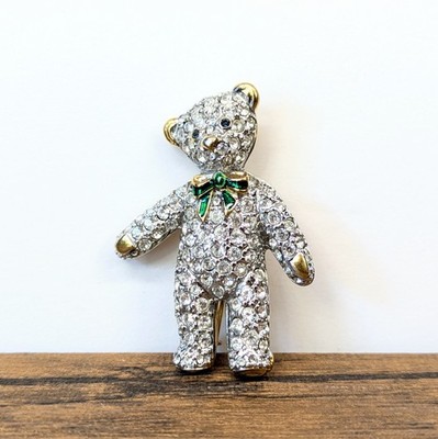 Vintage - 1990s Carolee Teddy Bear Rhinestone Enamel Brooch Pin, Missing Part*