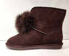 BEARPAW Womens Boots Libby - Liv Brown Suede Leather Wool Faux Fur Pom-Pom New