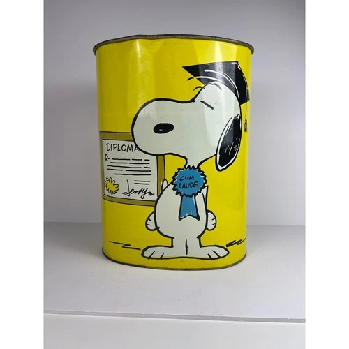 Vintage 1969 Charles Schulz PEANUTS Snoopy Charlie Brown Metal Trashcan Cheinco