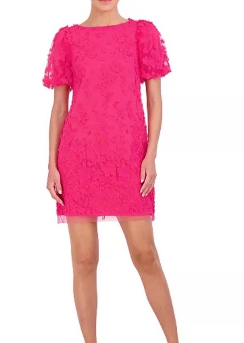Eliza J 3D Floral Puffed Sleeve Shift Dress- Hot Pink Size 6 EUC