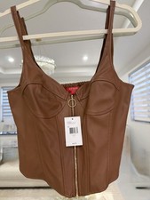 GUESS Chest Brown Bustier Faux Leather Zip Front Boned Top Size L