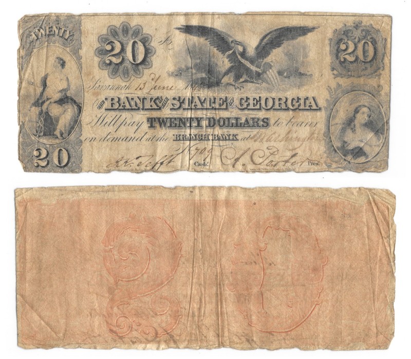 Bank State Of Georgia $20 Obsolete June 13, 1848 Savannah, Washington Branch