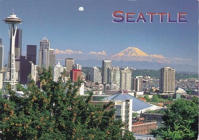 Seattle Postkarte (Luftpost, handschriftliche Nachricht, Mt. Rainier) ~ Post datiert 2004