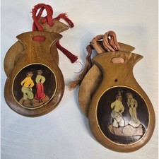 Vintage Wooden Castanets Hand Painted Figures Folk Dance Musical Instrument
