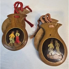 Vintage Wooden Castanets Hand Painted Figures Folk Dance Musical Instrument