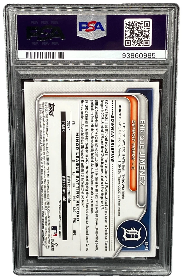 2024 Bowman Enrique Jimenez Bowman 1st Red Parallel # 3/5 PSA 9 | Card No. BP-31 - Image 2 of 3