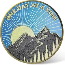CYOUNG Mountain Sunrise Badge ONE Day at A TIME Metal Token Lucky Coin for... 
