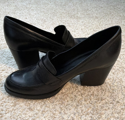 Born Holliston Black Leather Slip-On Loafer Block Heel, Round Toe, US 8 M