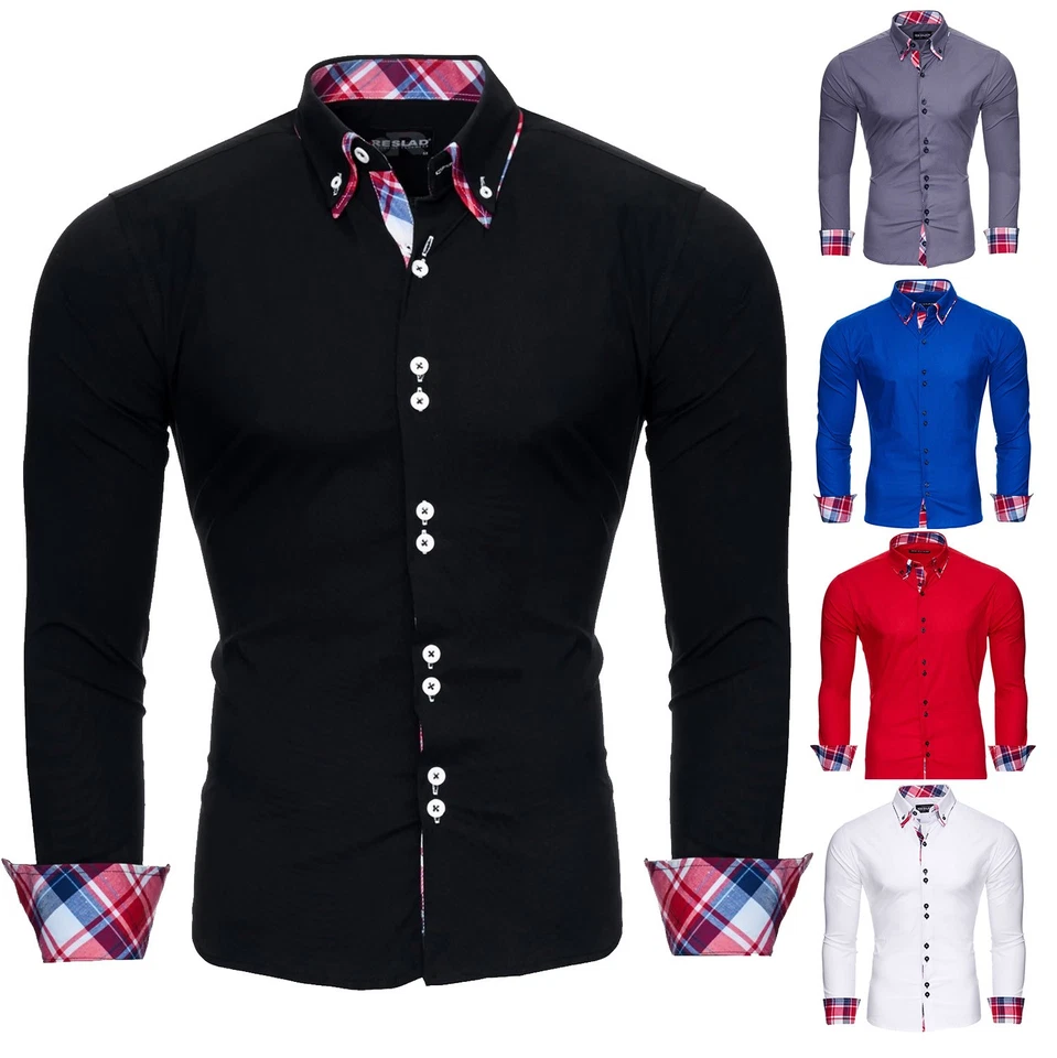 Reslad Herren-Hemd Slim Fit Button-Down Langarm Business Hochzeit Freizeit 7015 - Bild 1 von 4
