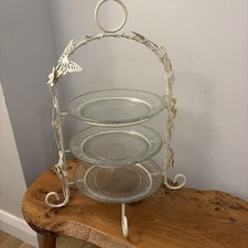 3 Tier Glass Cake Stand Cream Metal Butterfly Floral Display Stand 45cm