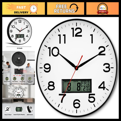 12'' Silent Non-Ticking Wall Clock with LCD Display, Calendar & Temp - Modern Hom