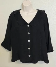 Match Point Black Linen Blouse Sz S Ruffle 3/4 Sleeves Collar Button Front Loose