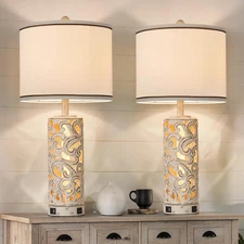 Set of 2 Table Lamps with Night Light, 28" Farmhouse Table Lamp with USB A+C Por