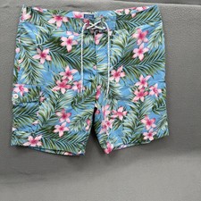 J.Crew Swim Shorts Mens 33 Blue Tropical Hawaiian Floral Trunks Mesh Lined Beach