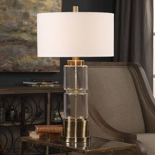 Industrial Table Lamp 31 1/4" Tall Antique Brass Glass Drum Shade Living Room - Picture 1 of 4