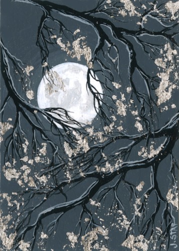ACEO, Original Acrylic Painting, Black And White Moonscape by Jasmine Star