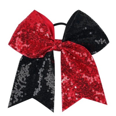 Bow Hair Tie for Girls Large Red Black Sequin Cheer Ponytail Holder