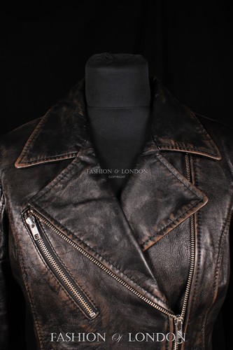 Ladies JENNER Biker Fitted Jacket Black Washed Vintage Look Soft Leather Jacket - 第 8/13 張圖片