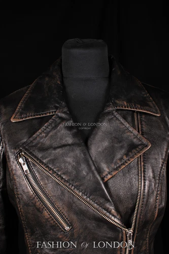 Ladies JENNER Biker Fitted Jacket Black Washed Vintage Look Soft Leather Jacket - Picture 8 of 13