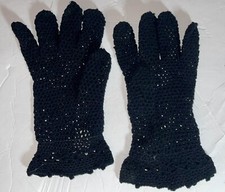 Vintage 1950s Black Stretch Nylon Italian Crocheted Women  s Juniors Gloves Small