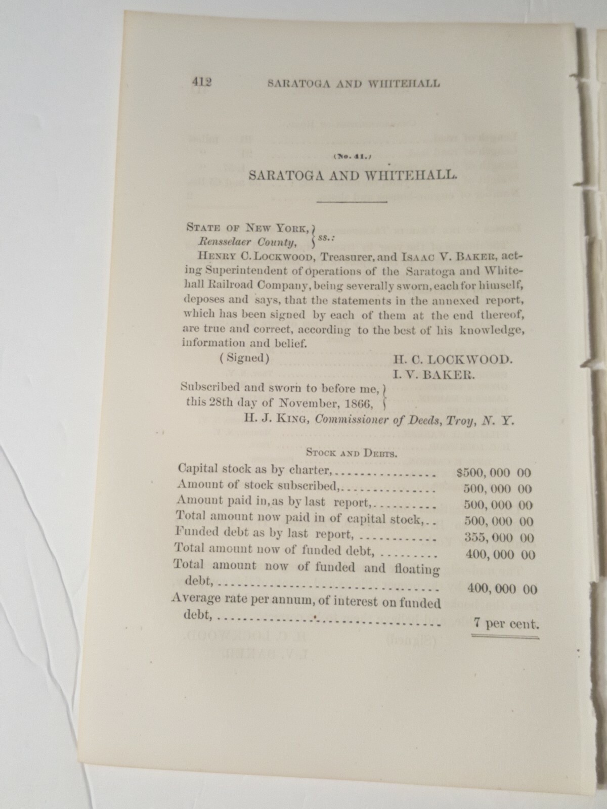 1866 NY RR report SARATOGA & WHITEHALL RAILROAD Moreau Waterford Troy train 