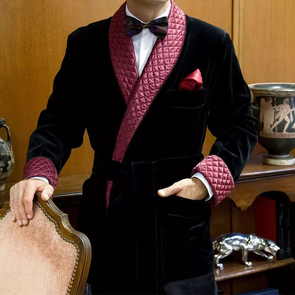 Бархатная мужская черная курительная куртка свадебный ужин вечеринка жених одежда халат с ремнем - Изображение 2 из 4