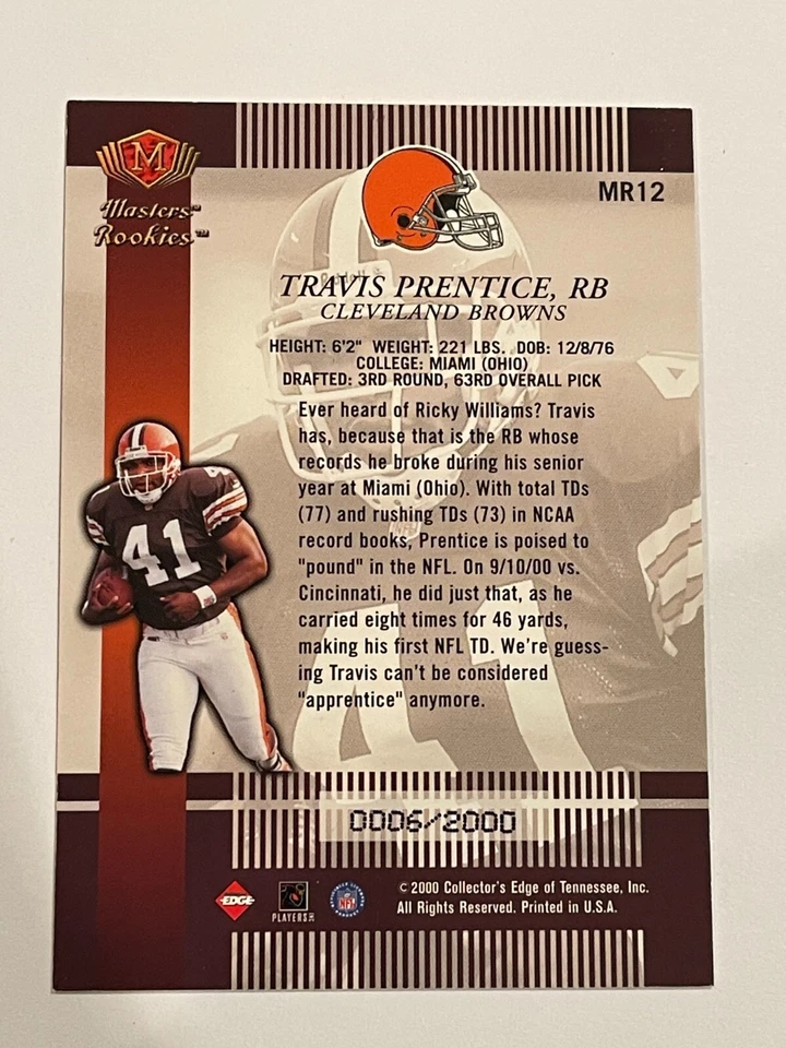 2000 Collector's Edge Masters Rookies Browns Travis Prentice /2000 #MR12 - Image 2 of 2