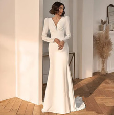 V-Neck Wedding Dresses Long Sleeve Sheath Bride Gown Spandex Sweep Train Pleats