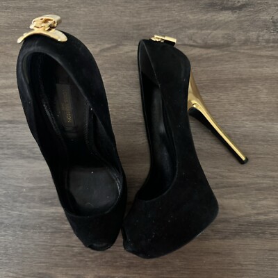 Louis Vuitton Black Suede Heel Pump Size 8.5 Gold Lock | eBay
