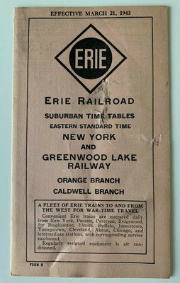 Vintage 1943 Erie Railroad Ny And Greenwood Lake Ry Rr Timetable Orange Branch Ebay