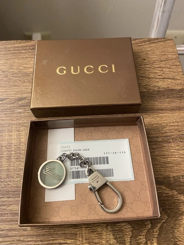 Gucci Vintage Silver Cursive Logo Keychain Bag Charm, With Box, Made In Italy 