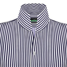 High Collar 100 Cotton Shirt for Men Tall Open Neck Blue White Stripes Shirt