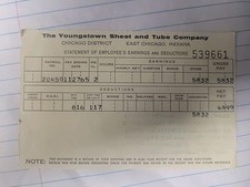 Youngstown Sheet and Tube Vintage Pay Stub Ea...