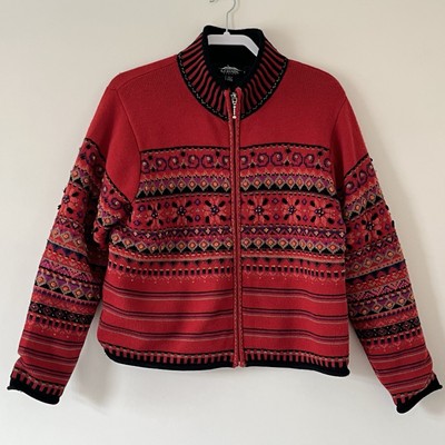 Icelandic Design Sweater Sz L 100% Wool Zip Up Quilted Red Floral Knit Jacket