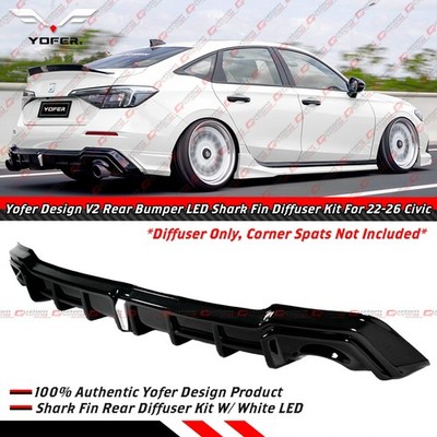 For 22-26 Honda Civic Sedan Yofer V2 Gloss Black Rear Bumper Diffuser White LED