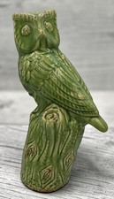 Vtg 13  Ceramic Green Hoot Owl on Stump Figurine Statue Kitschy 1970s MCM