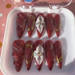 PAIE Long 3D Flower Stiletto Press-On Nails Full Cover Set Red Gold White
