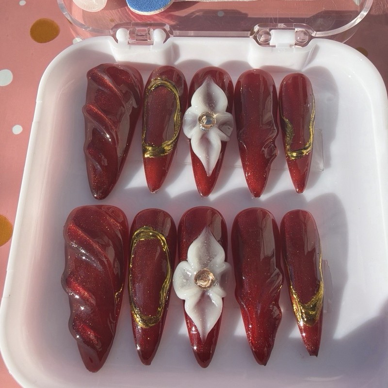 PAIE Long 3D Flower Stiletto Press-On Nails Full Cover Set Red Gold White