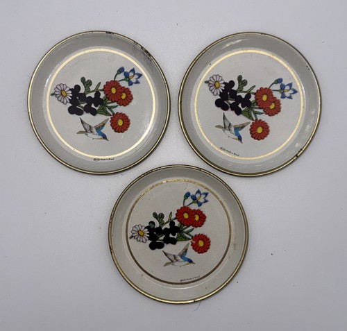 Vintage Brazil Tin Lithograph Coasters Set of 3 Songbird Floral MCM Barware