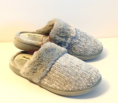 Dearfoams Women's Gray Chenille Faux Fur Slippers Size 5-6 - Picture 1 of 8