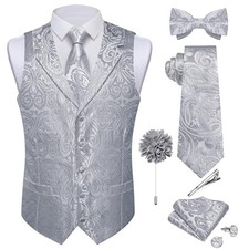 Mens Paisley Vest and Tie Set Silk Formal Suit Waistcoat and Small Silver