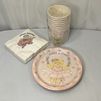 Vtg Hallmark Ambassador Happy Birthday Kitty Cat Ballerina Cups Plates Napkins