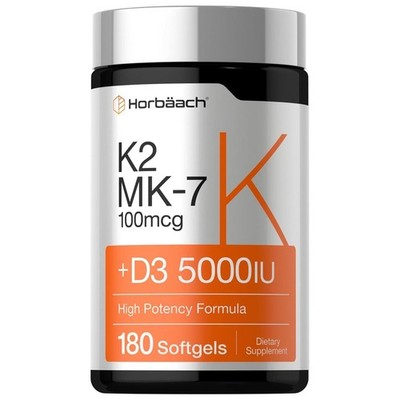Vitamina K2 MK-7 100mcg + D3 5000 UI 180 Cápsulas Blandas Sin OGM y Sin Gluten