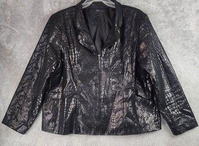 Snake Print Faux Leather Jacket Womens XXL Black Animal Zip Front Lined Pockets