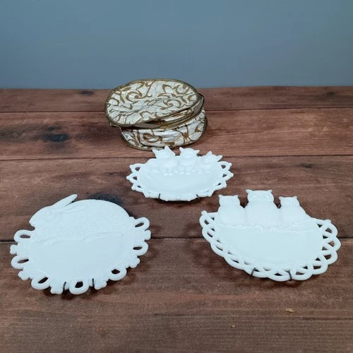 Milk Glass Trinket Dishes Set Bunny Owls Cats Lace Edge Vintage Decor
