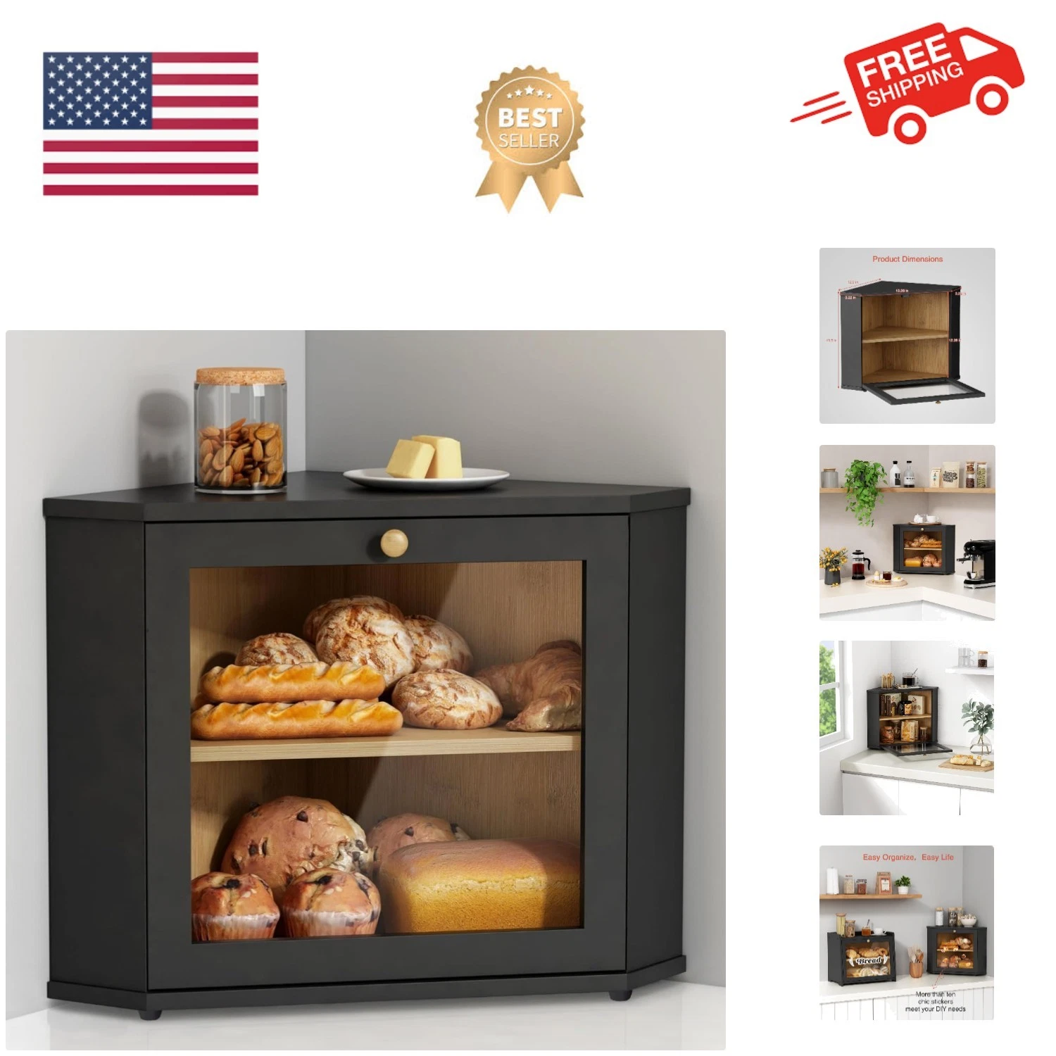 Corner Bread Box for Kitchen Countertop, Black Bread Storage Container for Ho...
