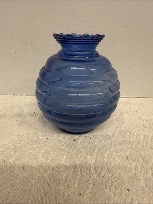 Vintage Pressed Glass Vase Blue  Round Ribbed Scalloped Edge 5  Tall