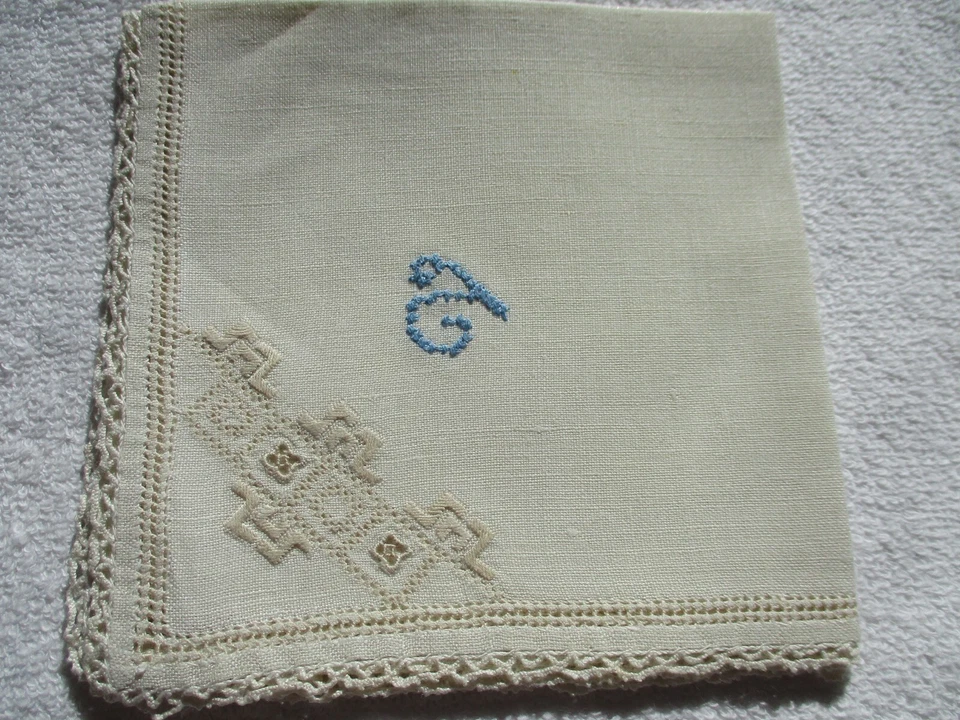 Винтажный бежевый носовой платок с ручной монограммой «T» синий - Изображение 2 из 4